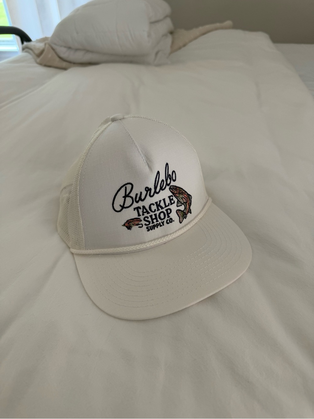 BURLEBO White Tackle Shop Mesh Trucker Hat with Fish Embroidery